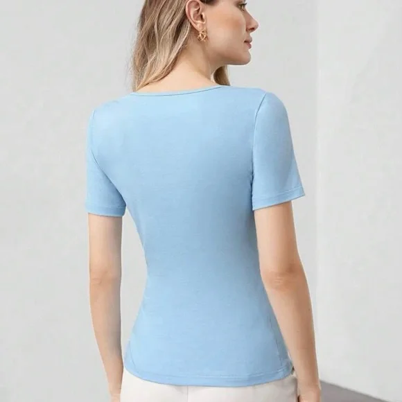 Shein Sky Blue Ruched Square-Neck Blouse XS - Picture 3 of 4